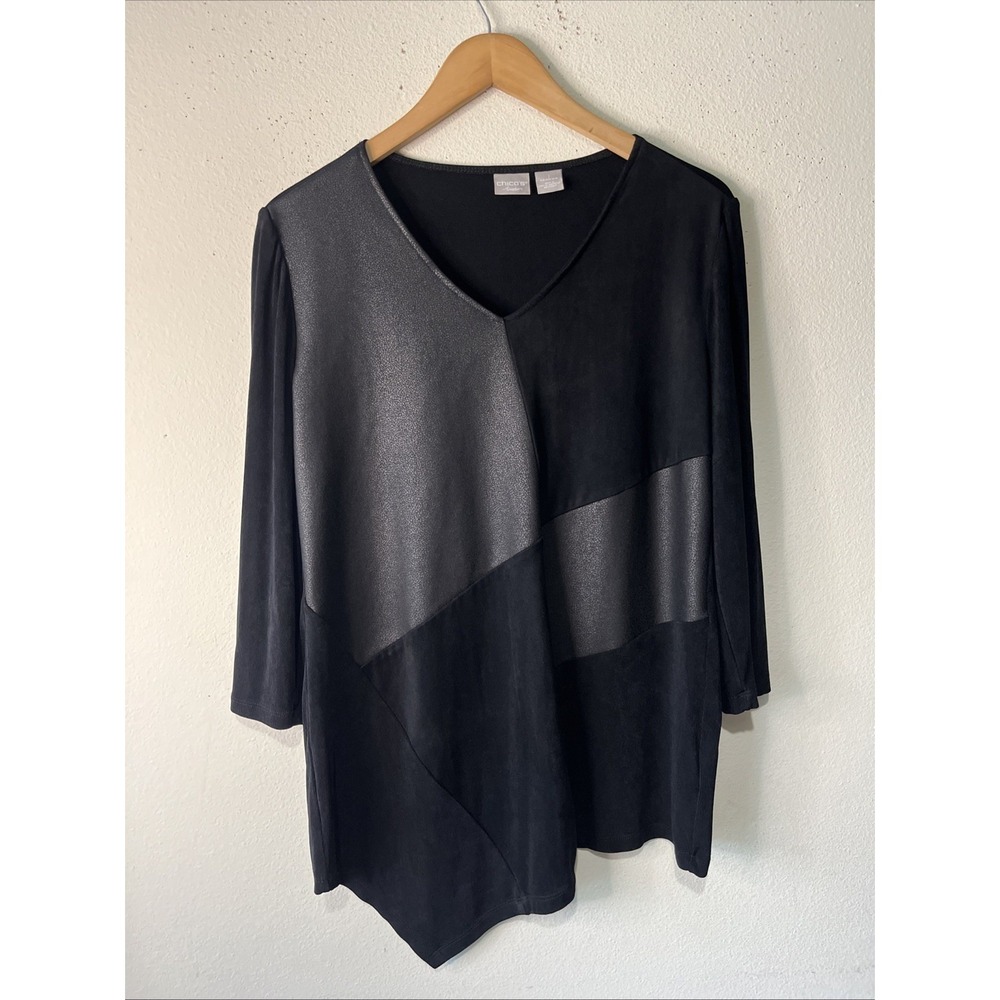 chicos TRAVELERS CLASSIC MIXED MEDIA TOP size 1/ 8/10 slinky black gray Goth